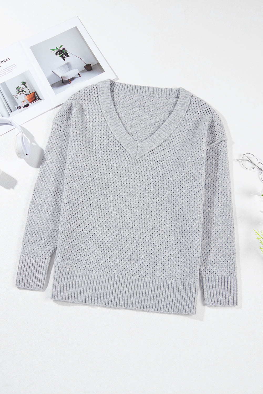 Light Grey Loose Eyelet V Neck Drop Shoulder Sweater-Chaelisa's New Jammies