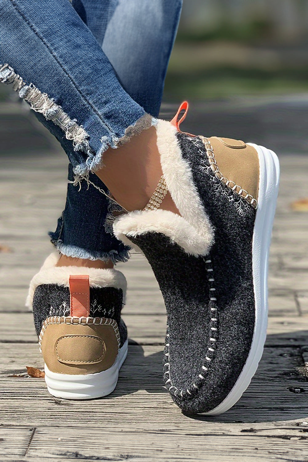 Carbon Grey Suede Stitching Patchwork Plush Lined Anklet Boots-Chaelisa's New Jammies