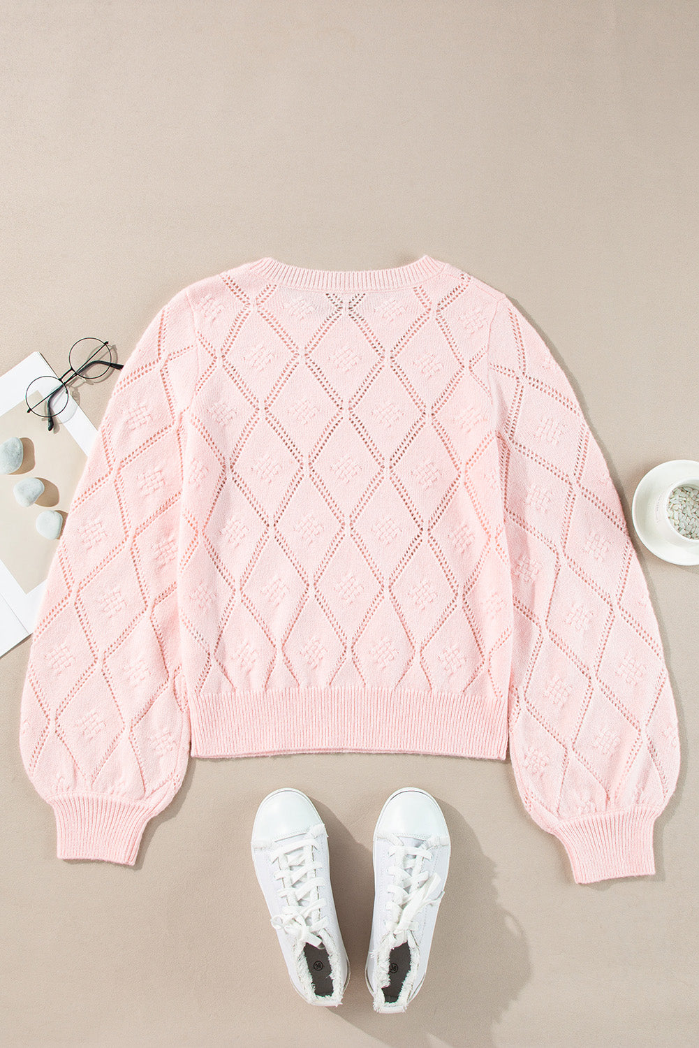 Gossamer Pink Openwork Plaid Puff Sleeve Cropped Sweater-Chaelisa's New Jammies