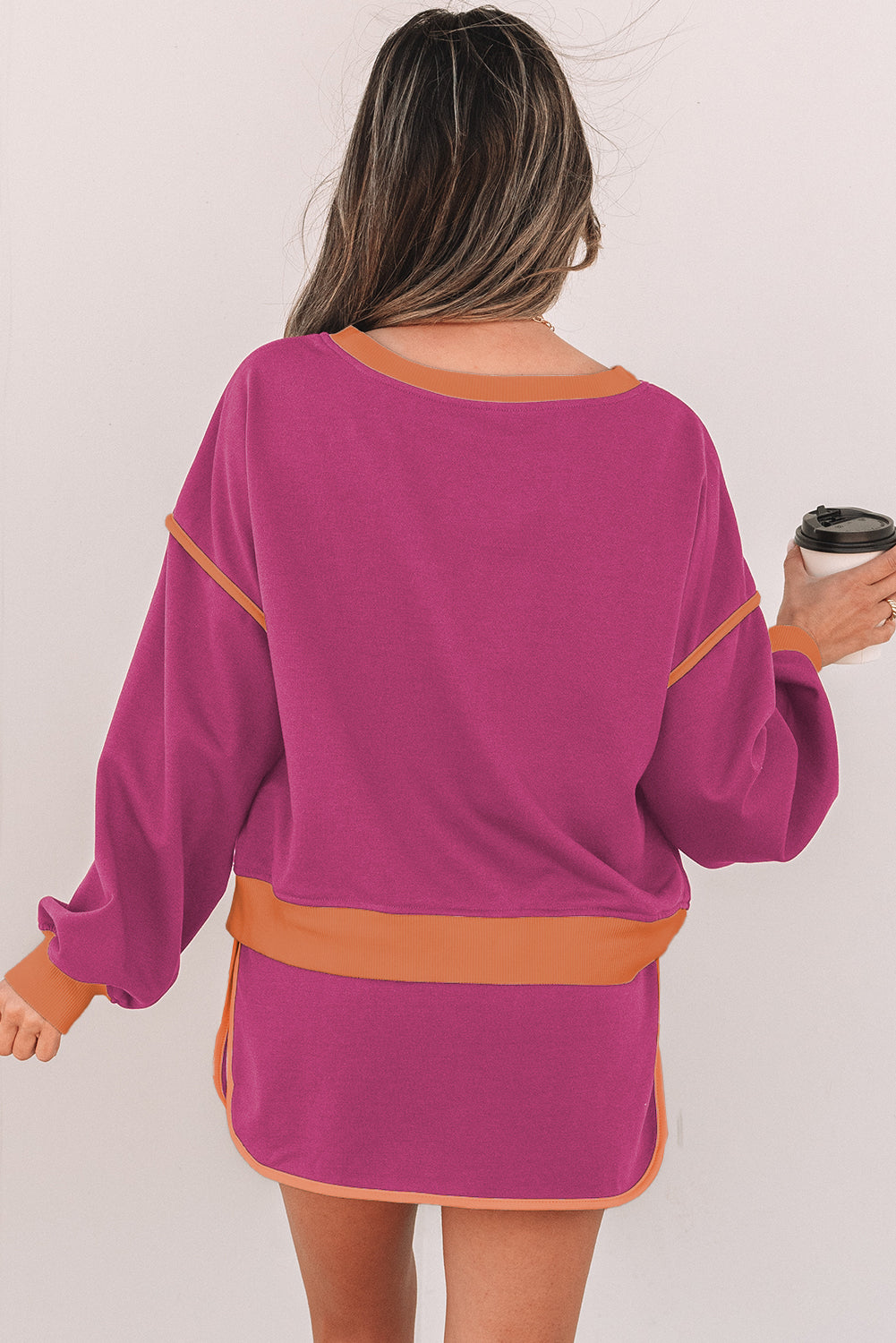 Rose Red Color Contrast Loose Pullover and Lace-up Waist Skort Set-Chaelisa's New Jammies