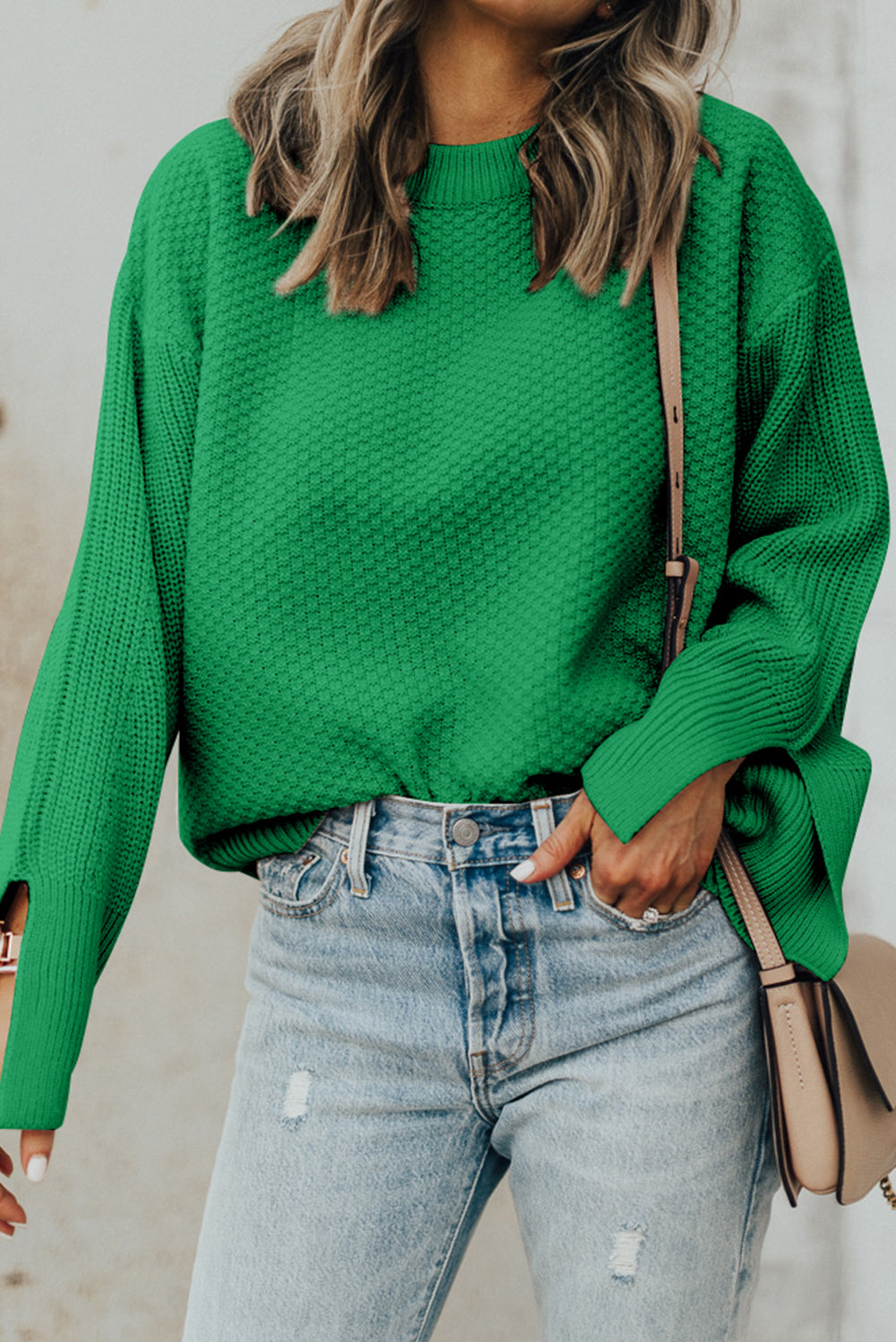 Parchment Solid Textured Knit Split Cuff Drop Shoulder Sweater-Chaelisa's New Jammies