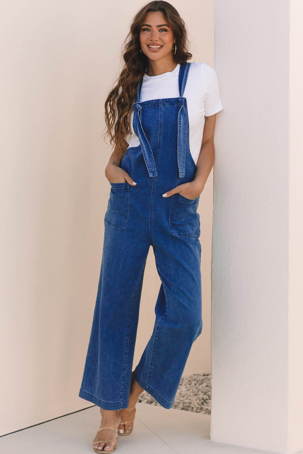 Prussian Blue Mineral Wash Knotted Strap Patched Pocket Wide Leg Denim Overalls-Chaelisa's New Jammies