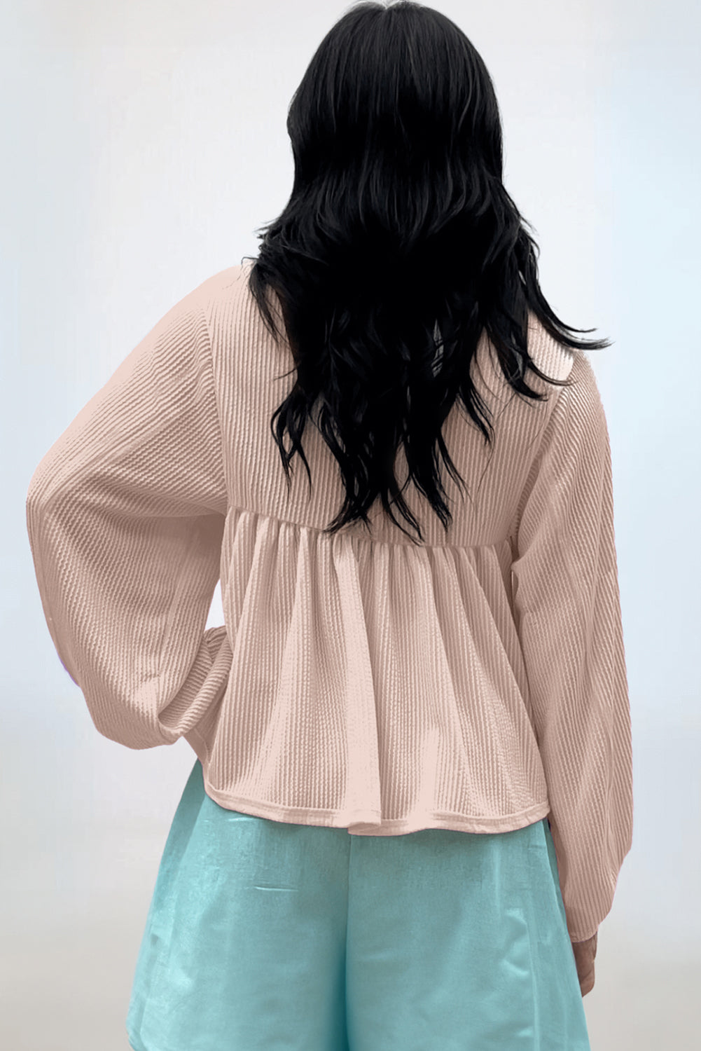 Parchment Corded Turn-down V Neck Bubble Sleeve Babydoll Blouse-Chaelisa's New Jammies