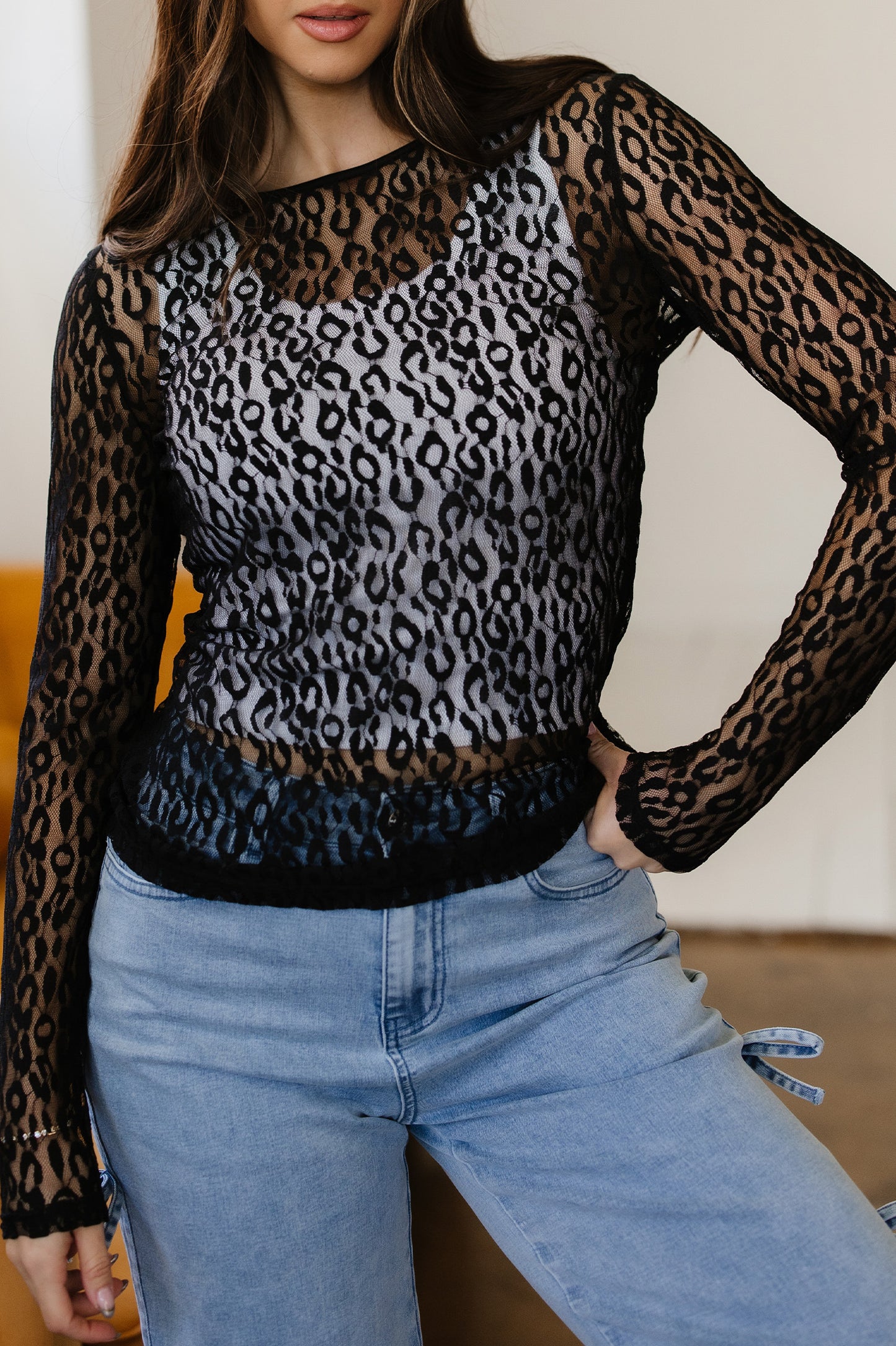 Black Leopard Pattern Sheer Mesh Long Sleeve Top