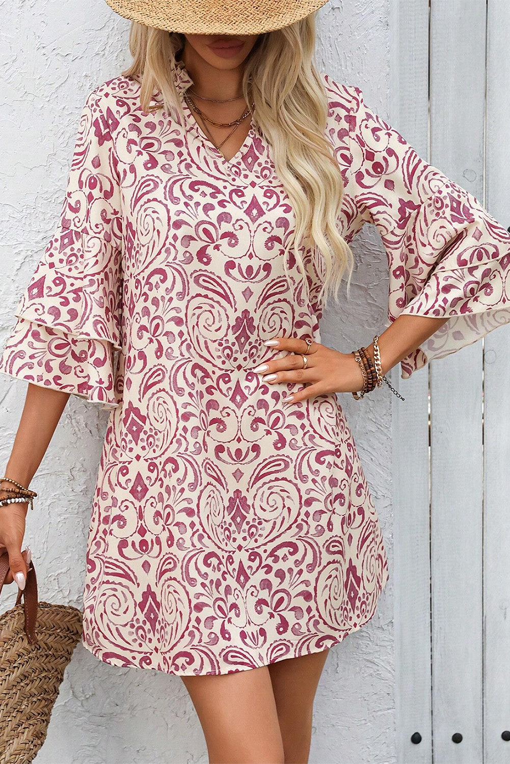 Pink Paisley Print Tiered 3/4 Sleeve Notched Neck Mini Dress-Chaelisa's New Jammies