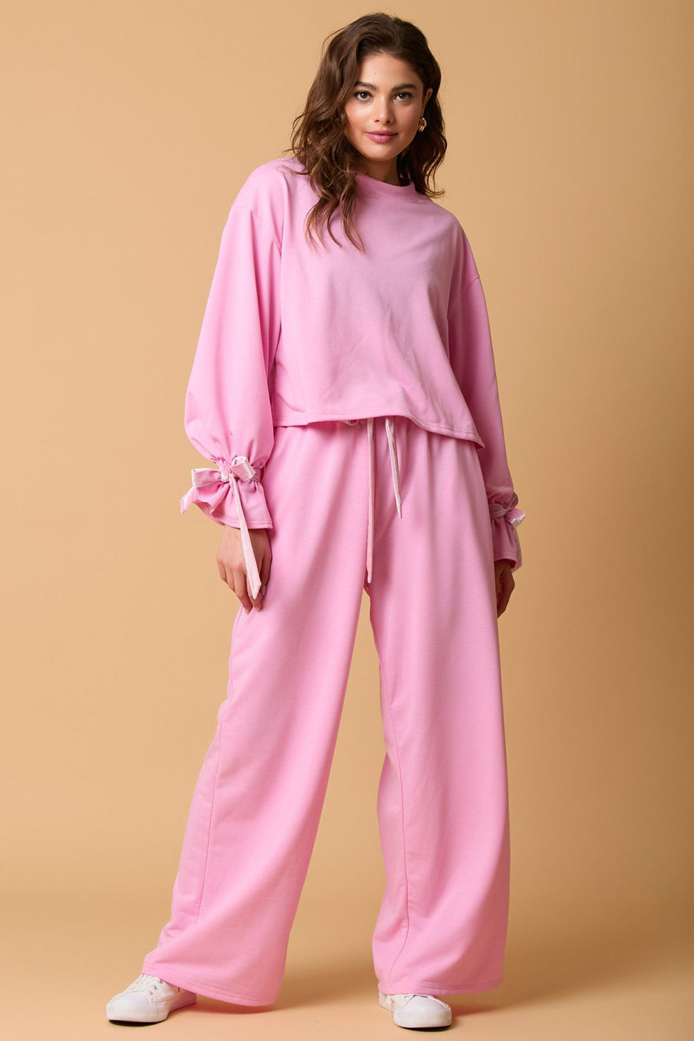 Bonbon Solid Color Drawstring Long Sleeve Top and Pants Set-Chaelisa's New Jammies