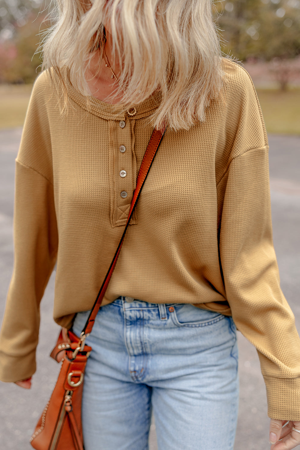 Camel Textured Knit Half Button Drop Shoulder Oversized Top-Chaelisa's New Jammies