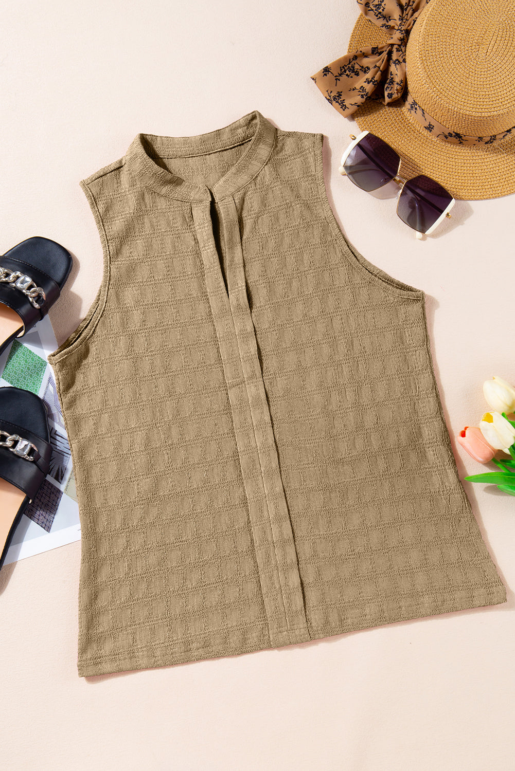 Light French Beige Lattice Textured Split Neck Tank Top-Chaelisa's New Jammies