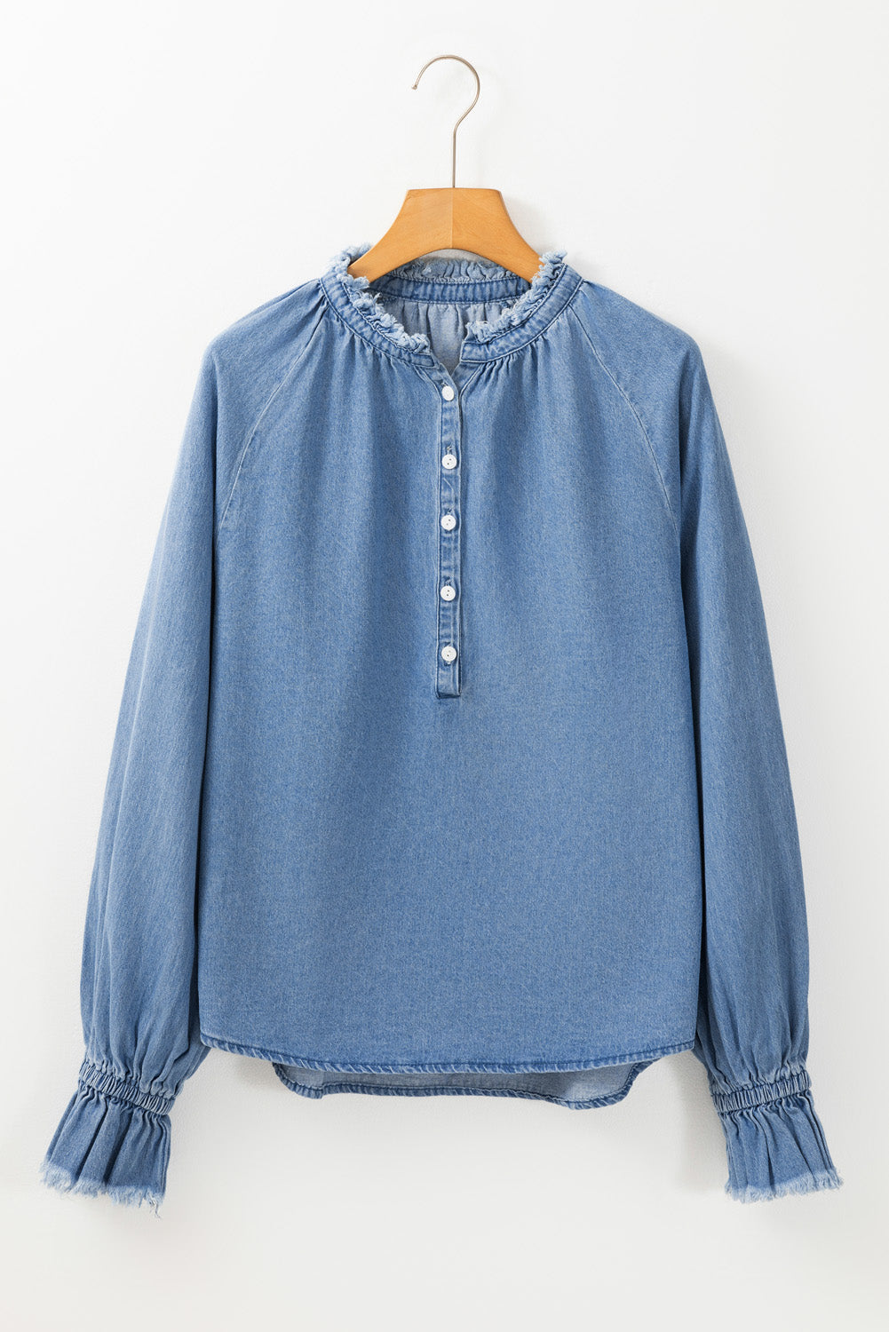 Sky Blue Frilled Raw Hem Half Buttoned Denim Top-Chaelisa's New Jammies
