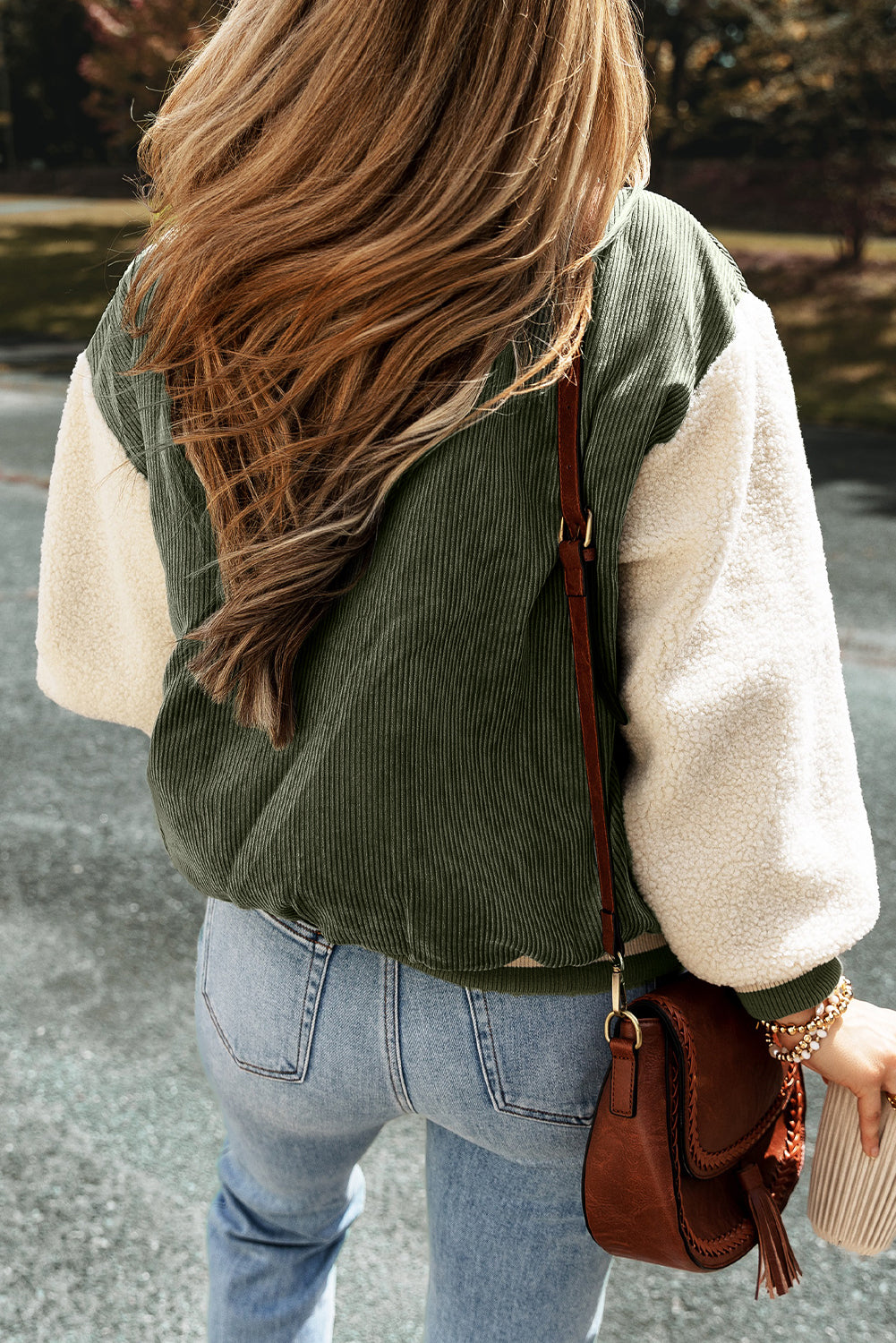 Mist Green Corduroy Fleece Patchwork Buttoned Bomber Jacket-Chaelisa's New Jammies