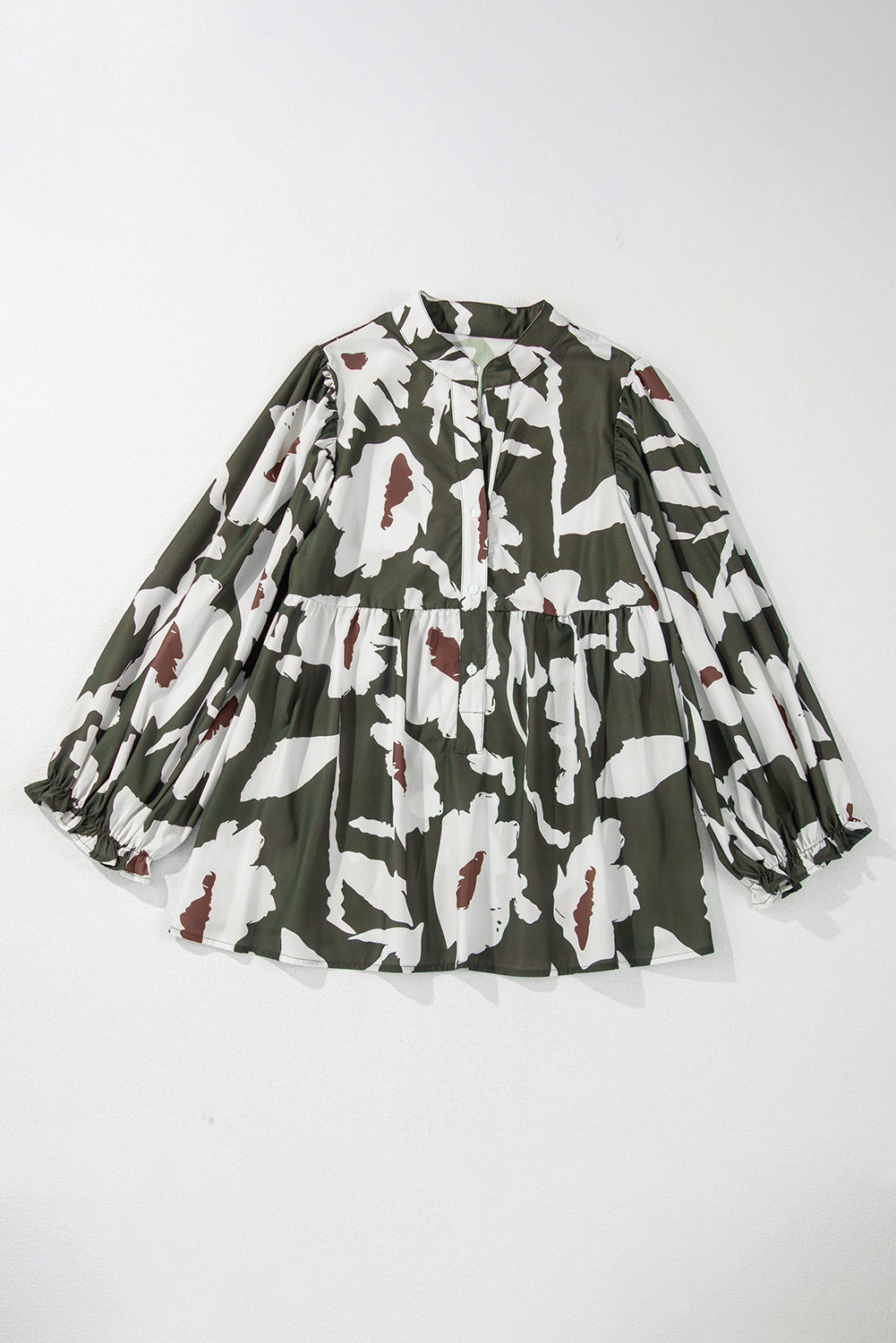 Four Leaf Clover Abstract Floral Print Puff Sleeve Half Button Blouse-Chaelisa's New Jammies
