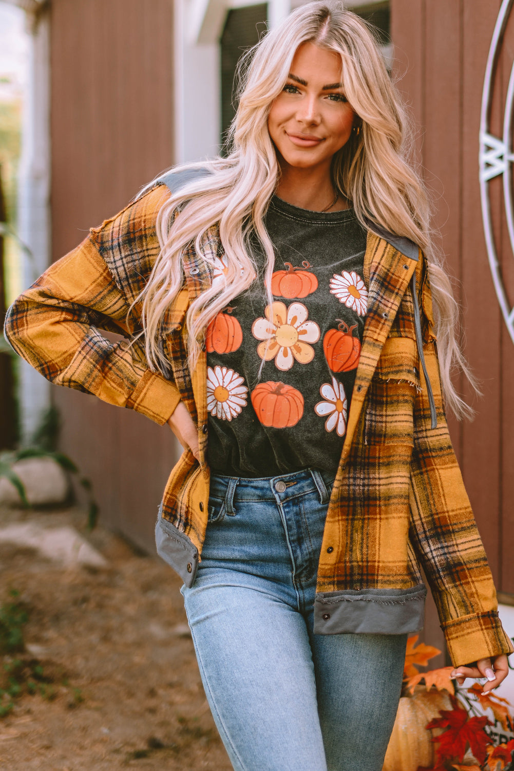 Orange Plaid Patch Hooded Frayed Snap Button Jacket-Chaelisa's New Jammies