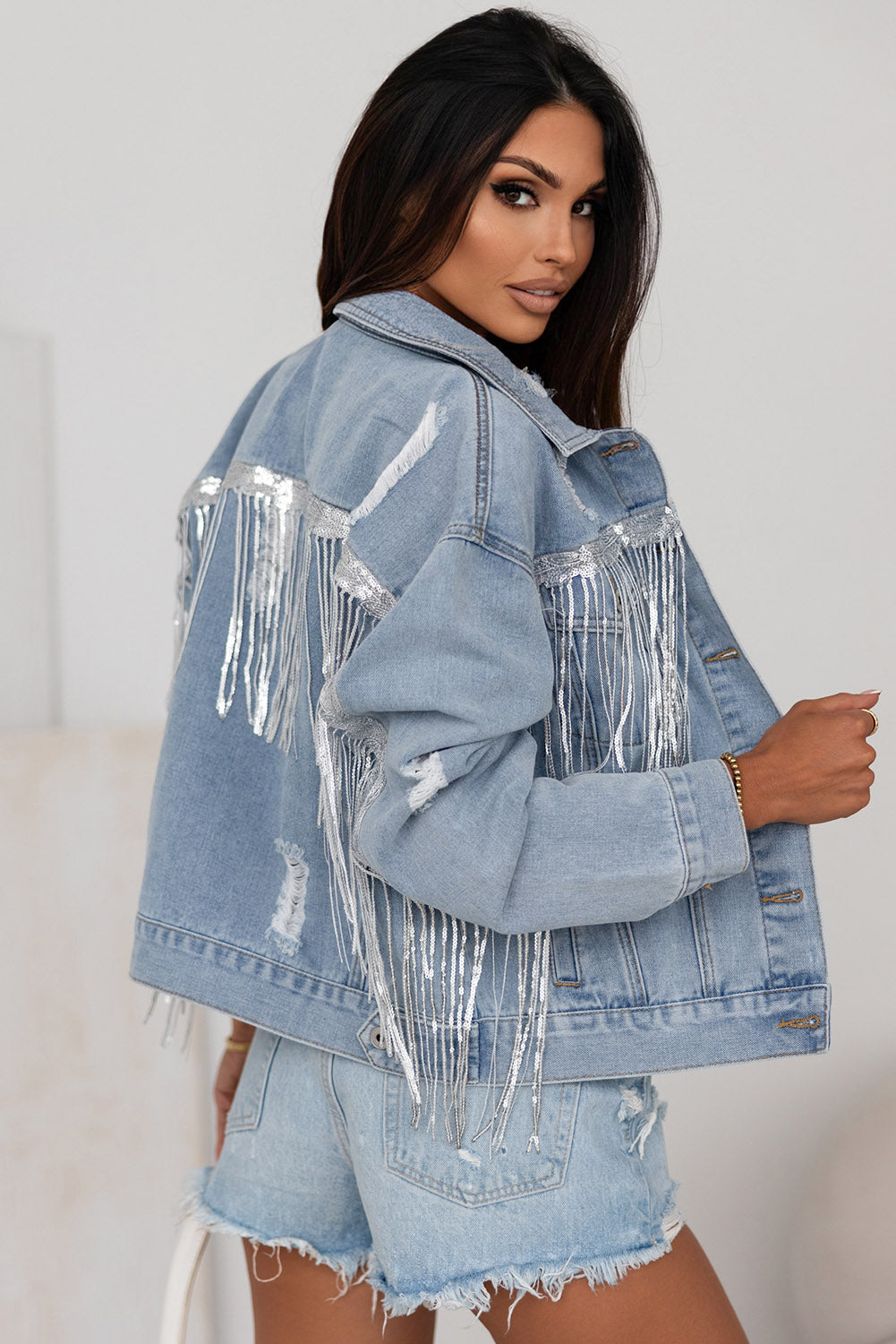Sky Blue Sequin Embellished Fringe Distressed Denim Jacket-Chaelisa's New Jammies