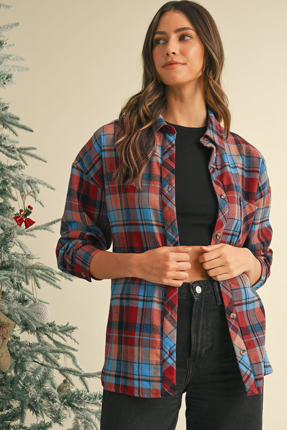 Red Plaid Print Drop Sleeve Loose Shirt-Chaelisa's New Jammies