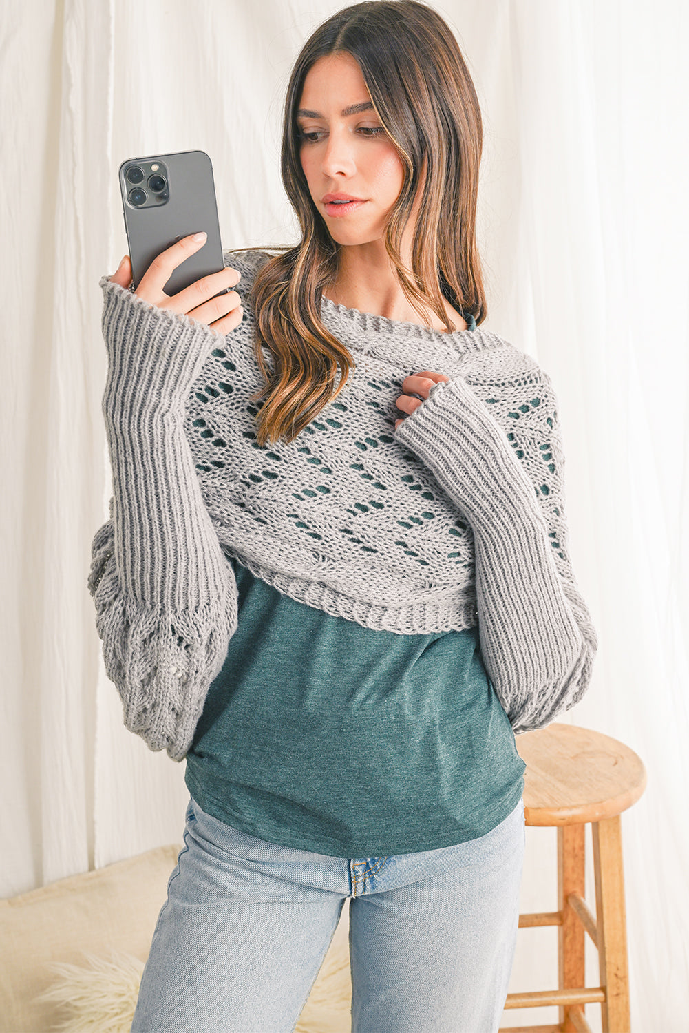 Gray Cross Detail Hollowed Knit Scarf with Sleeves-Chaelisa's New Jammies