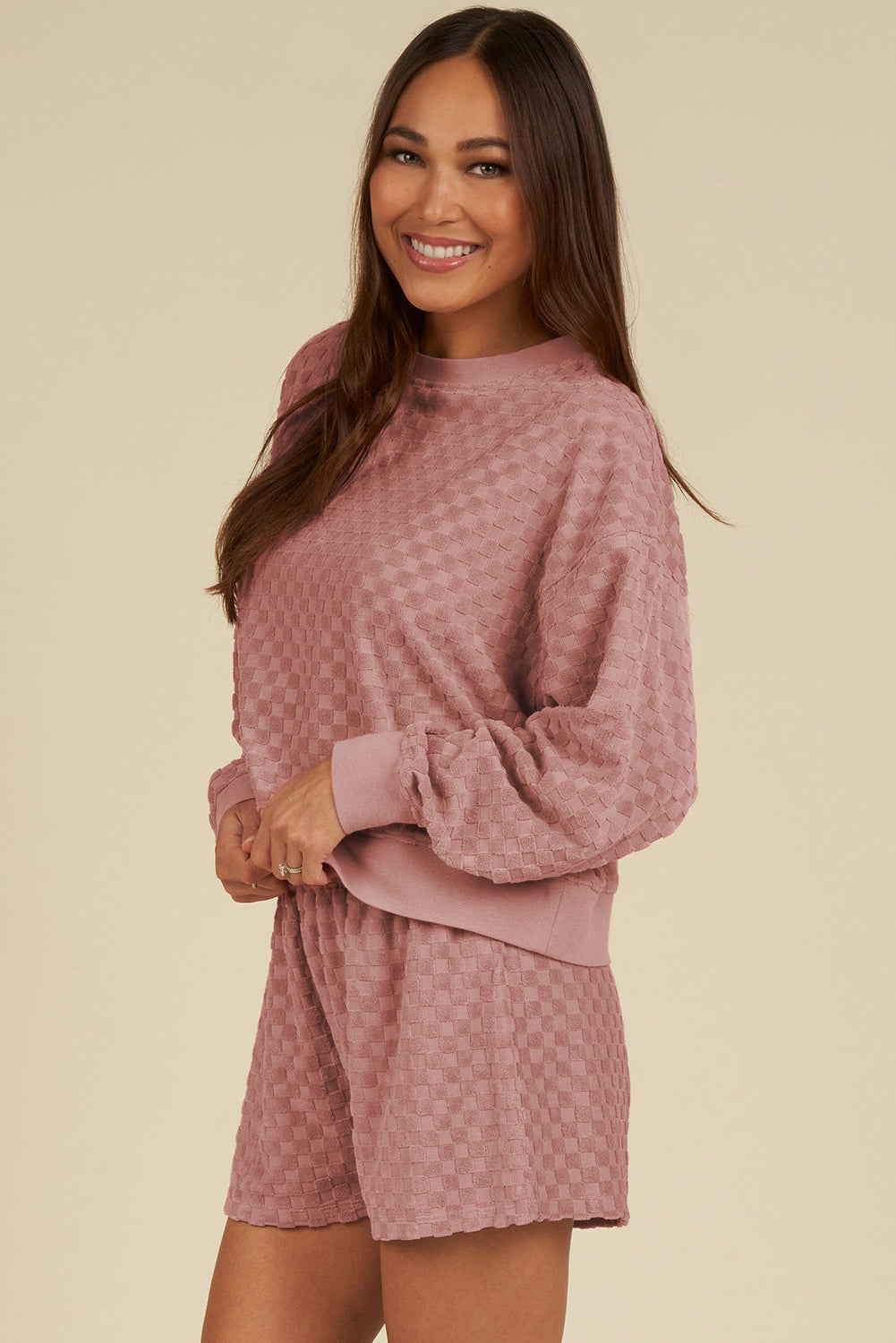 Blossom Checkered Textured Long Sleeve Top and Shorts Set-Chaelisa's New Jammies