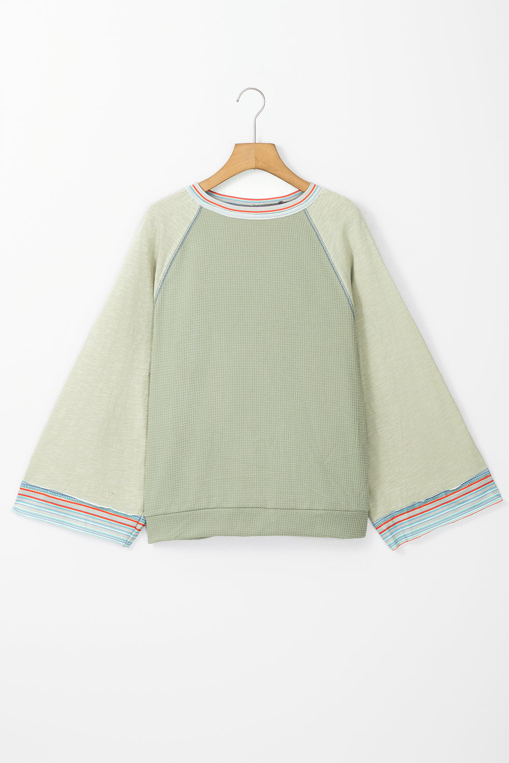 Meadow Mist Green Waffle Knit Wide Bracelet Sleeve Patchwork Raglan Top-Chaelisa's New Jammies