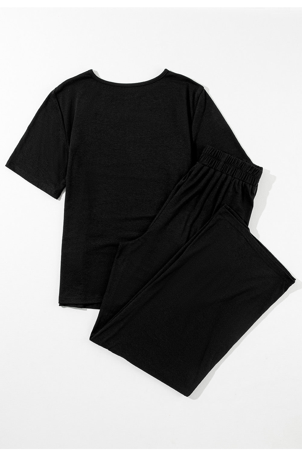 Black Solid Color T Shirt 2pcs Wide Leg Pants Set-Chaelisa's New Jammies