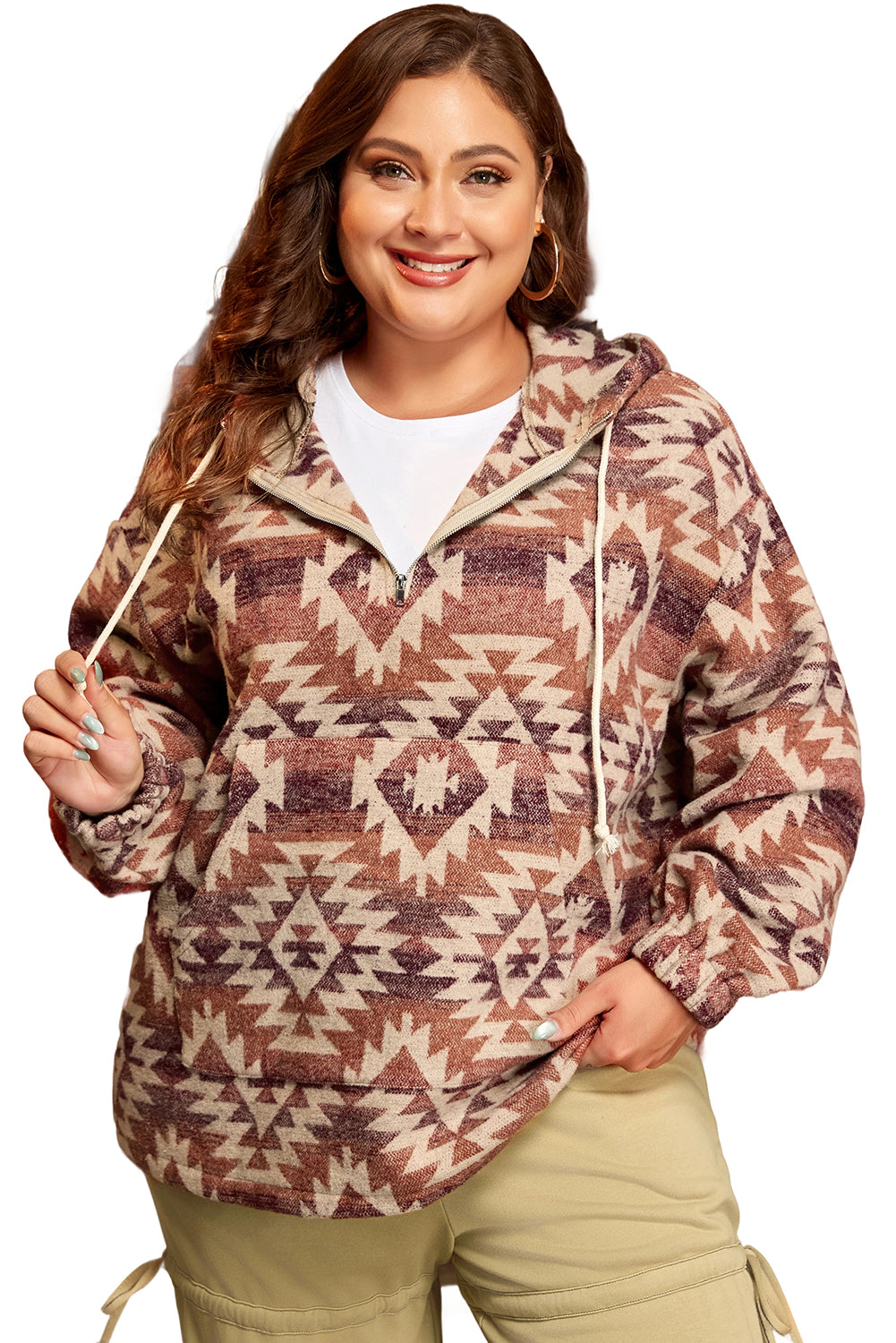 Red Plus Size Western Fashion Aztec Patterned Half Zip High Neck Hoodie-Chaelisa's New Jammies