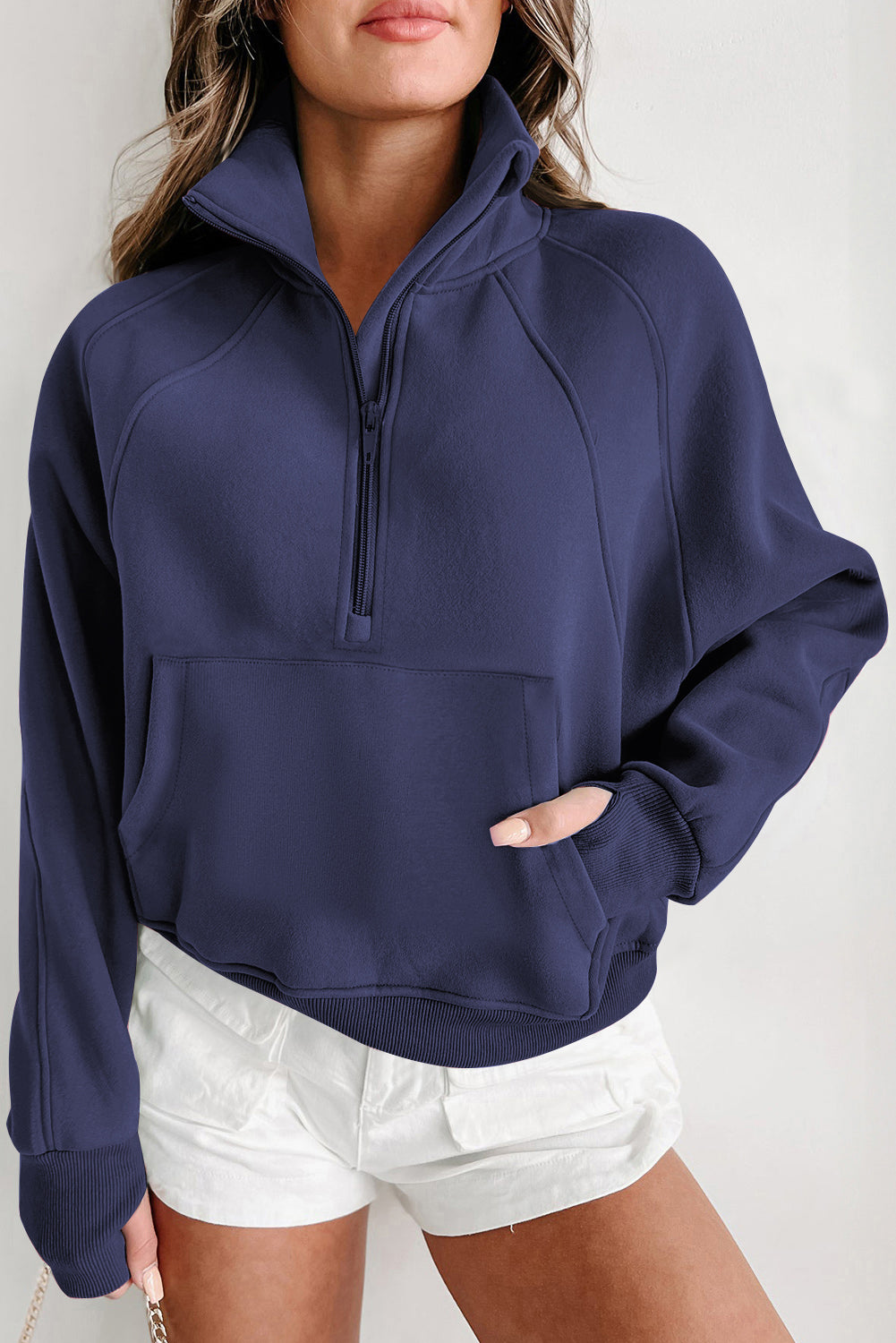 Gray Zip Up Stand Collar Ribbed Thumbhole Sleeve Sweatshirt-Chaelisa's New Jammies
