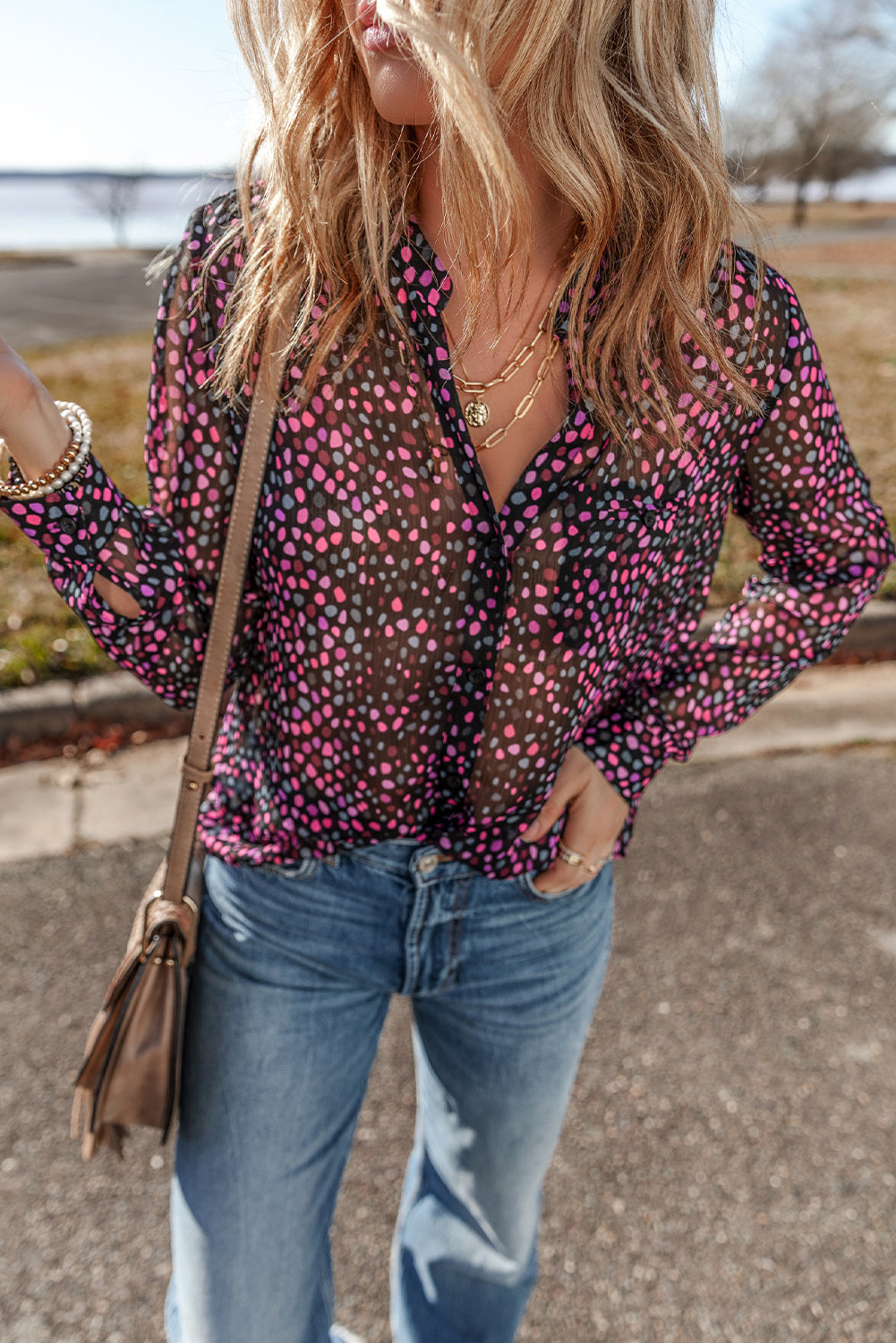Grape Wine Polka Dot Printed Buttoned Casual Shirt-Chaelisa's New Jammies