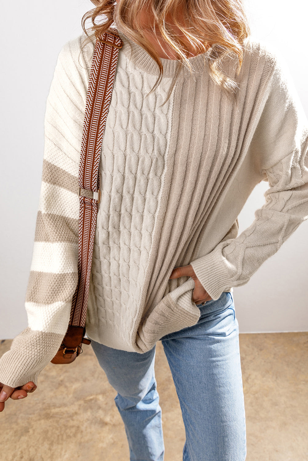 Khaki Cable Knit Colorblock Crew Neck Drop Shoulder Sweater-Chaelisa's New Jammies