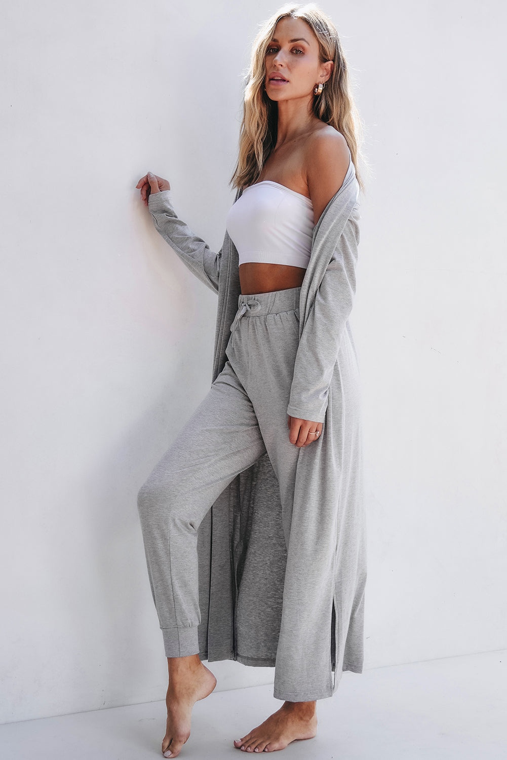 Light Grey Split Long Cardigan and Skinny Pants Lounge Set-Chaelisa's New Jammies