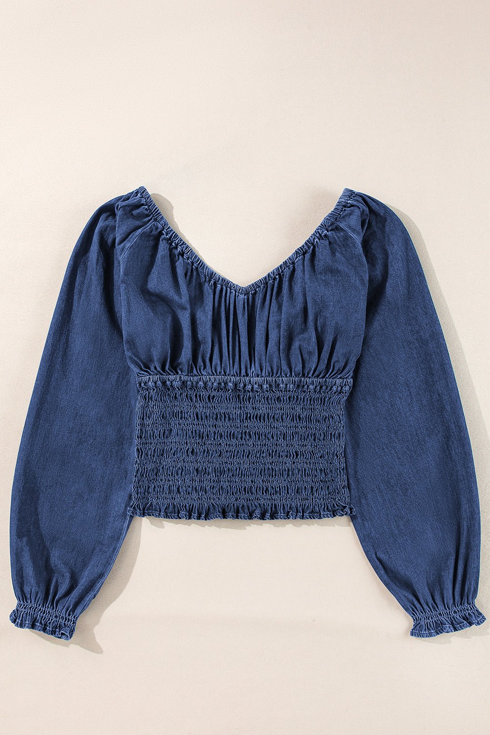 Dark Blue Smocked Ruffled Puff Sleeve V Neck Denim Blouse - Chaelisa's New Jammies