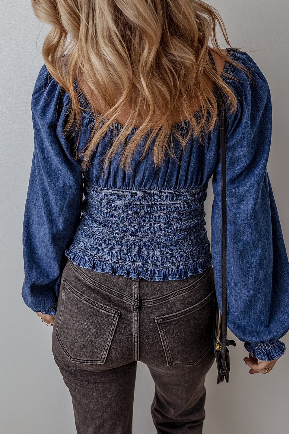 Dark Blue Smocked Ruffled Puff Sleeve V Neck Denim Blouse - Chaelisa's New Jammies