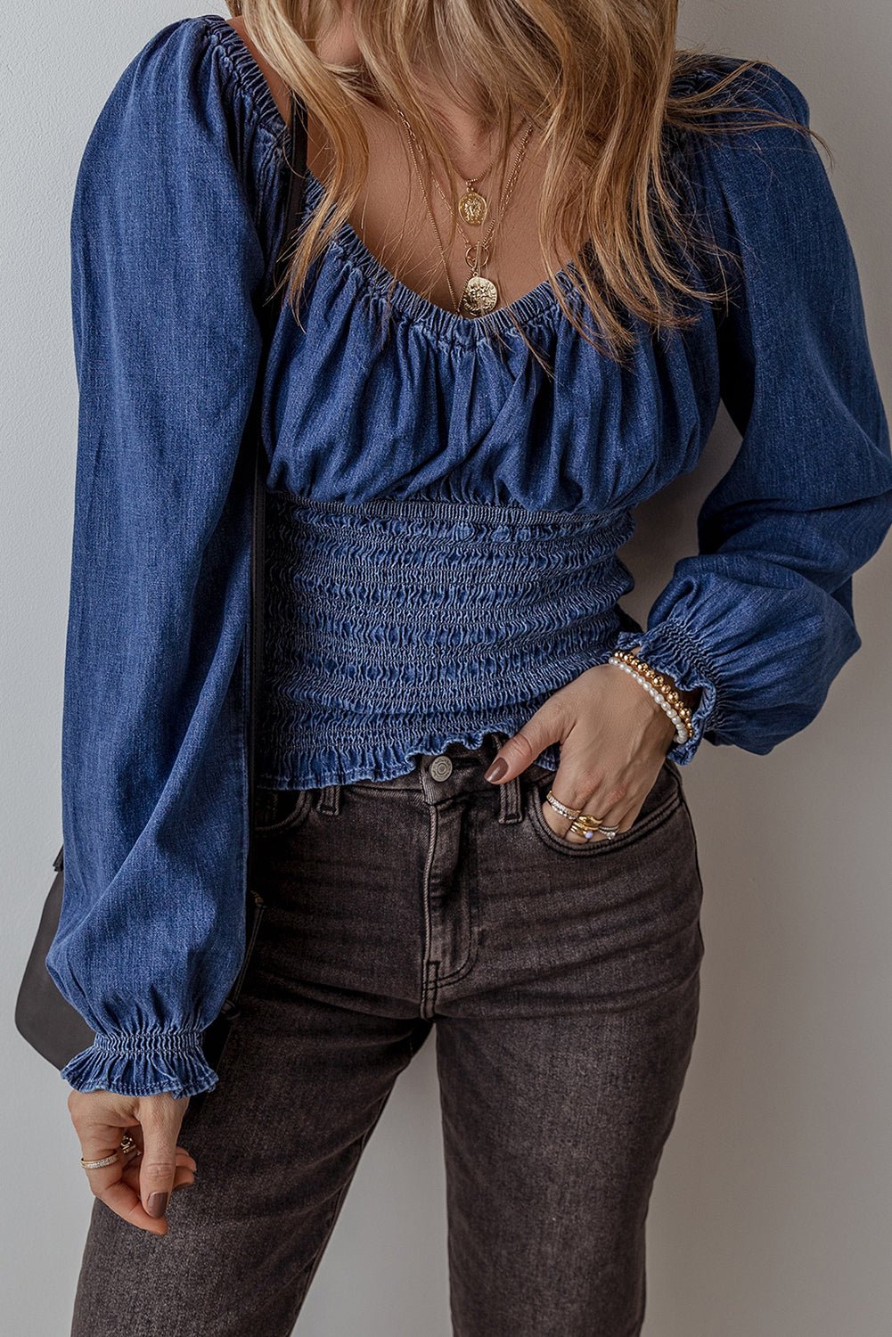 Dark Blue Smocked Ruffled Puff Sleeve V Neck Denim Blouse - Chaelisa's New Jammies