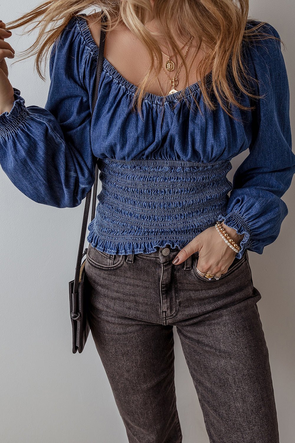 Dark Blue Smocked Ruffled Puff Sleeve V Neck Denim Blouse - Chaelisa's New Jammies