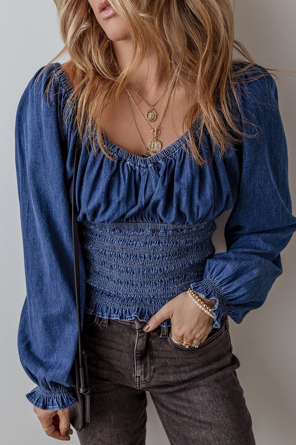 Dark Blue Smocked Ruffled Puff Sleeve V Neck Denim Blouse - Chaelisa's New Jammies