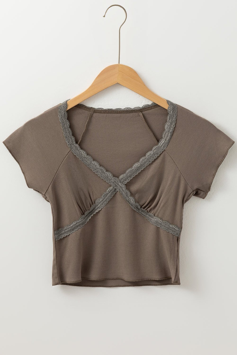 Dark Brown Lace Splicing Criss Cross Slim Fit V Neck T Shirt - Chaelisa's New Jammies