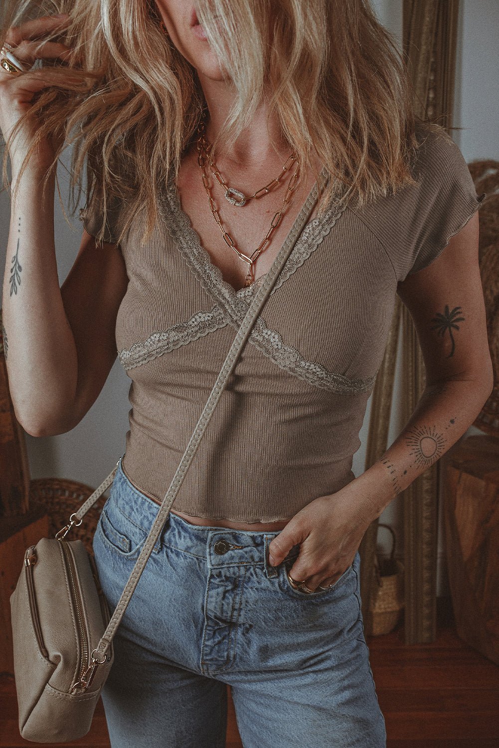 Dark Brown Lace Splicing Criss Cross Slim Fit V Neck T Shirt - Chaelisa's New Jammies
