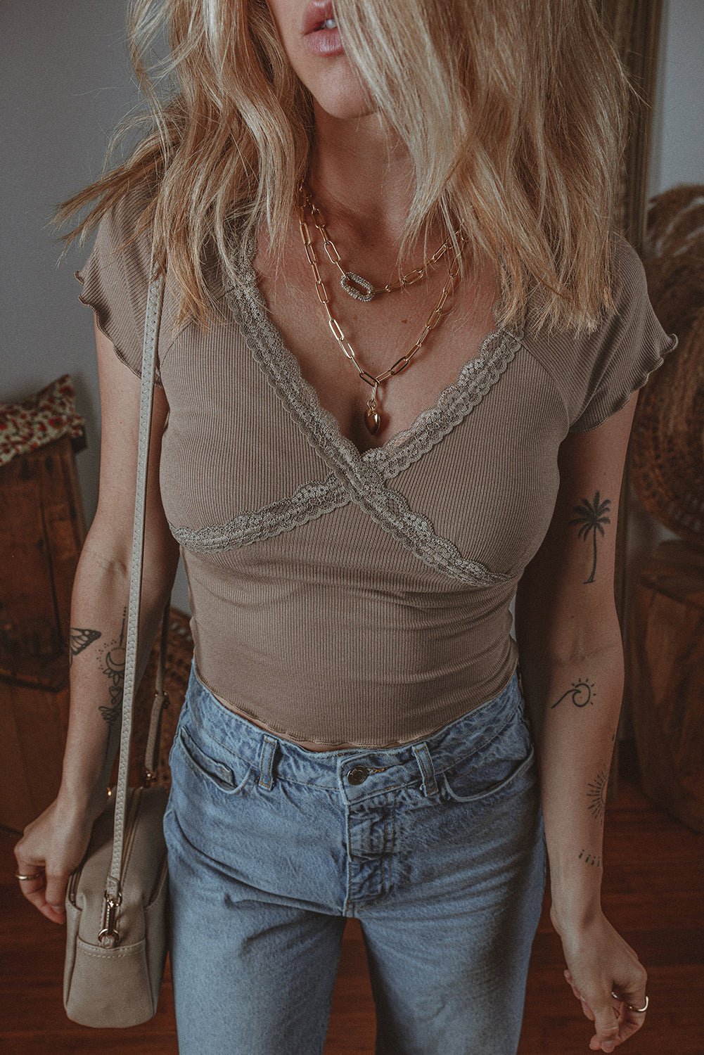 Dark Brown Lace Splicing Criss Cross Slim Fit V Neck T Shirt - Chaelisa's New Jammies