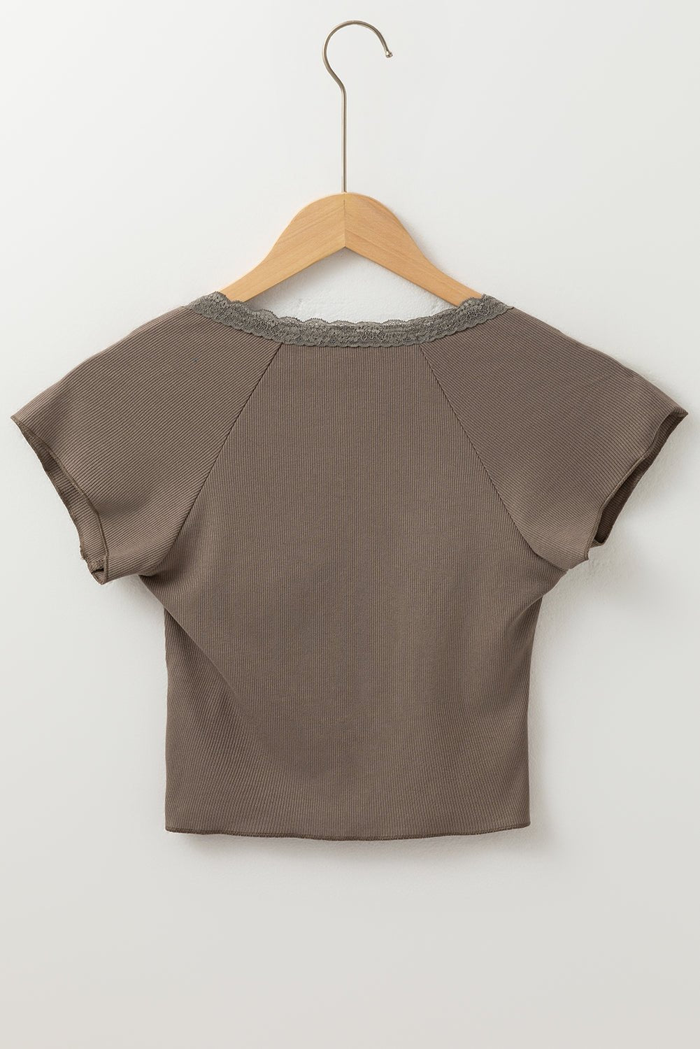 Dark Brown Lace Splicing Criss Cross Slim Fit V Neck T Shirt - Chaelisa's New Jammies