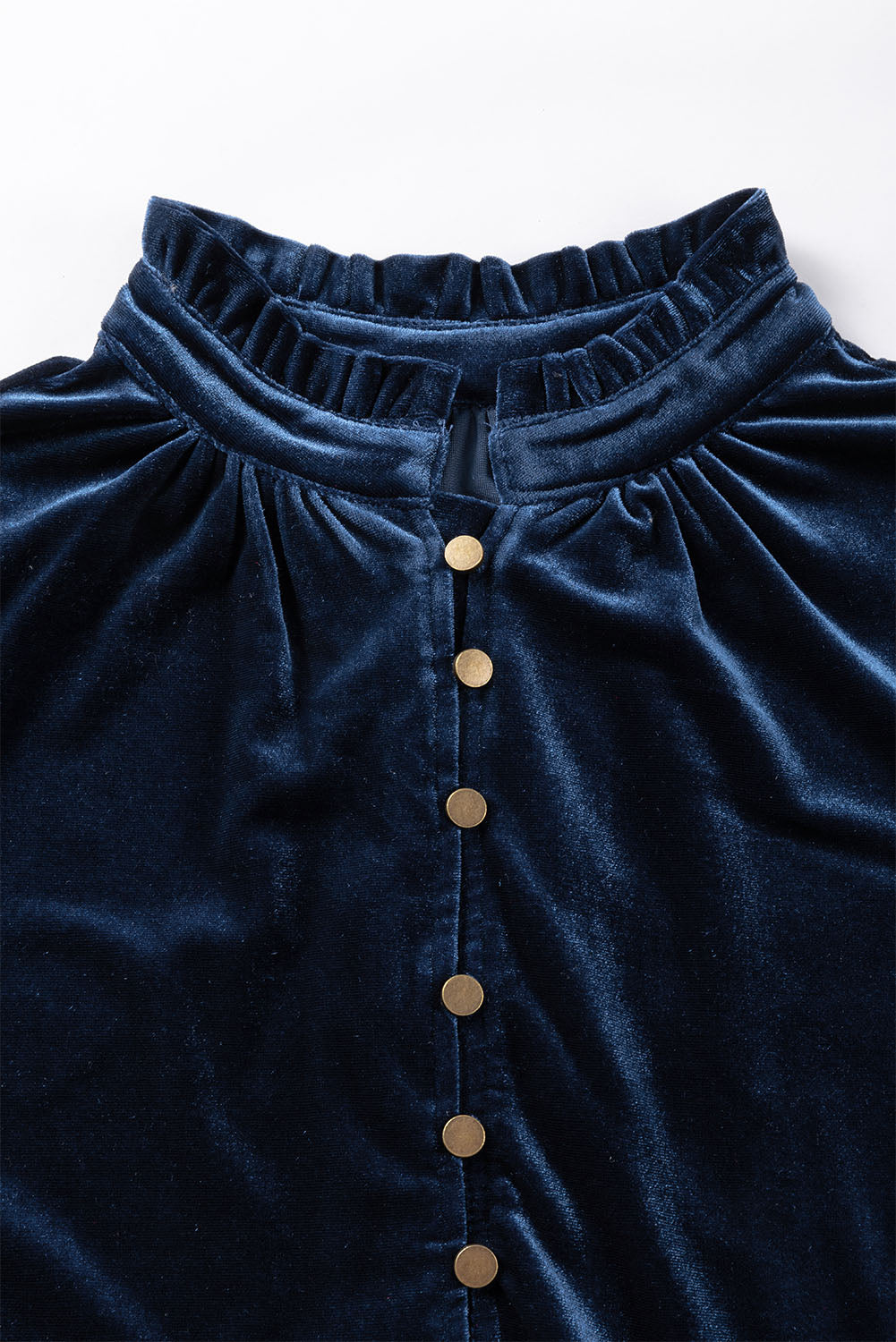 Navy Blue Frilled Buttoned V Neck Velvet Blouse-Chaelisa's New Jammies