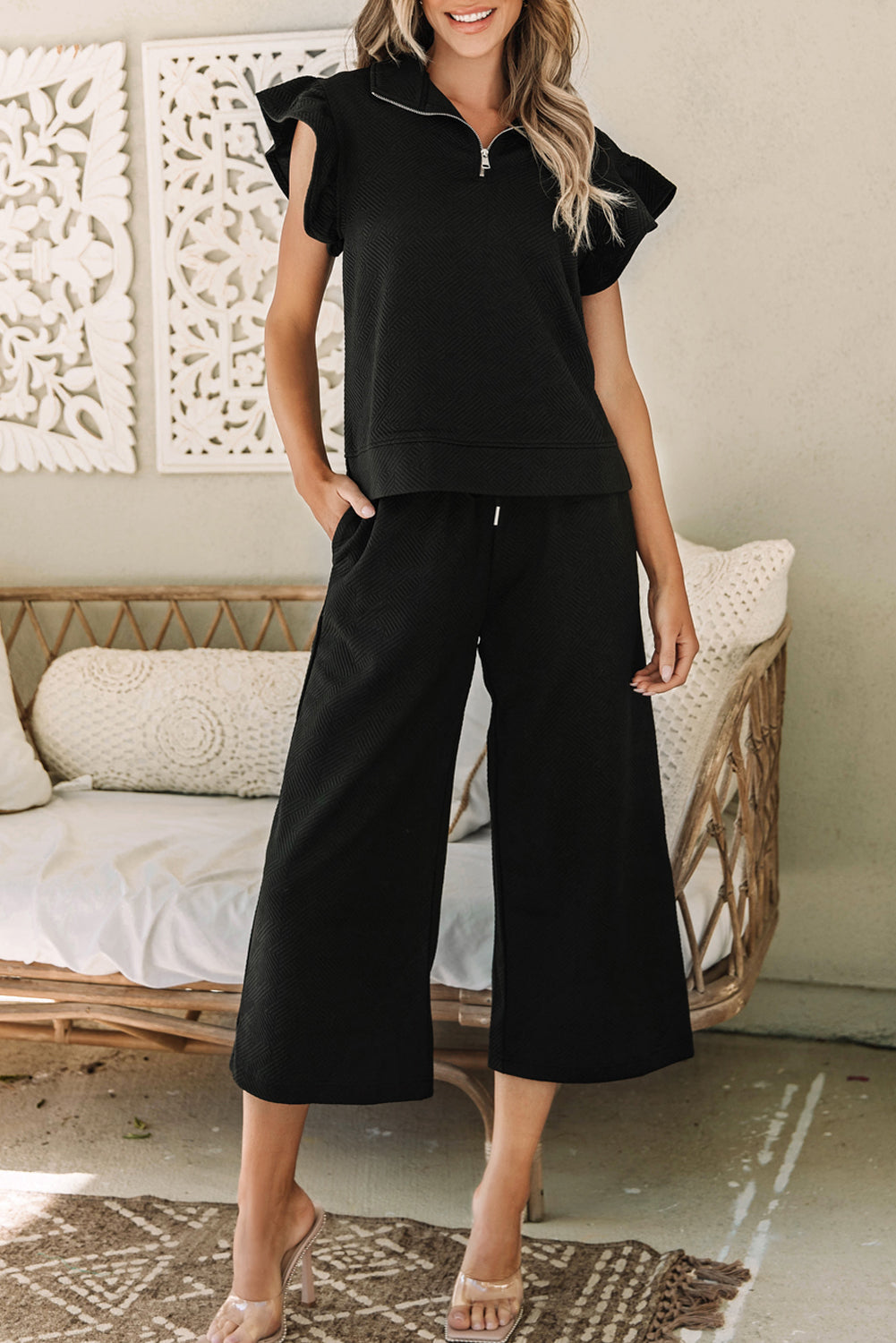 Black Textured Flutter Sleeve Top Wide Leg Pants Set-Chaelisa's New Jammies