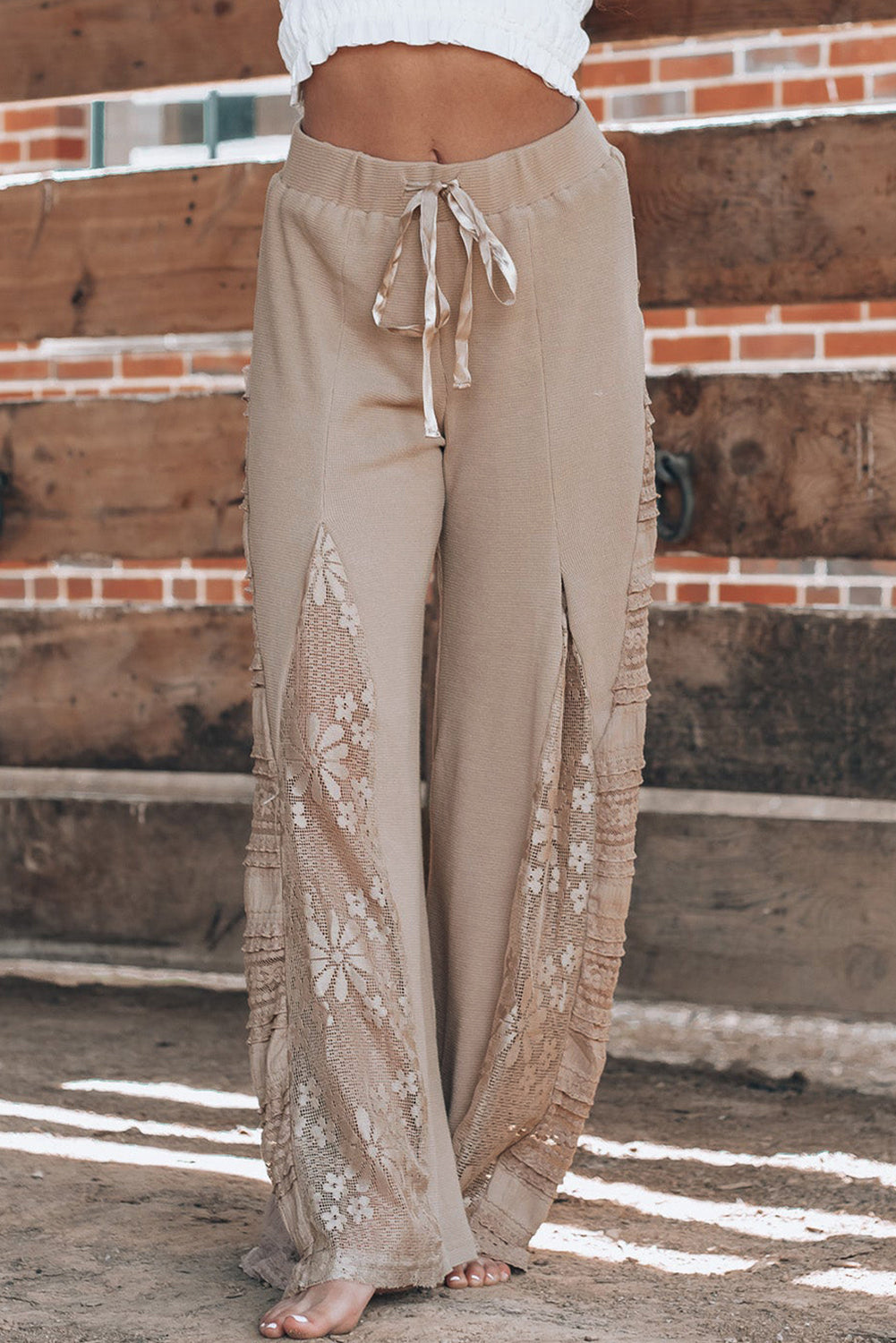 Smoke Gray Boho Lace Patchwork Wide Leg High Waist Pants-Chaelisa's New Jammies