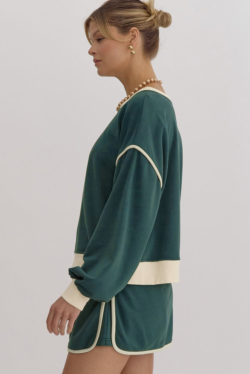 Evergreen Color Contrast Loose Pullover and Lace-up Waist Skort Set-Chaelisa's New Jammies