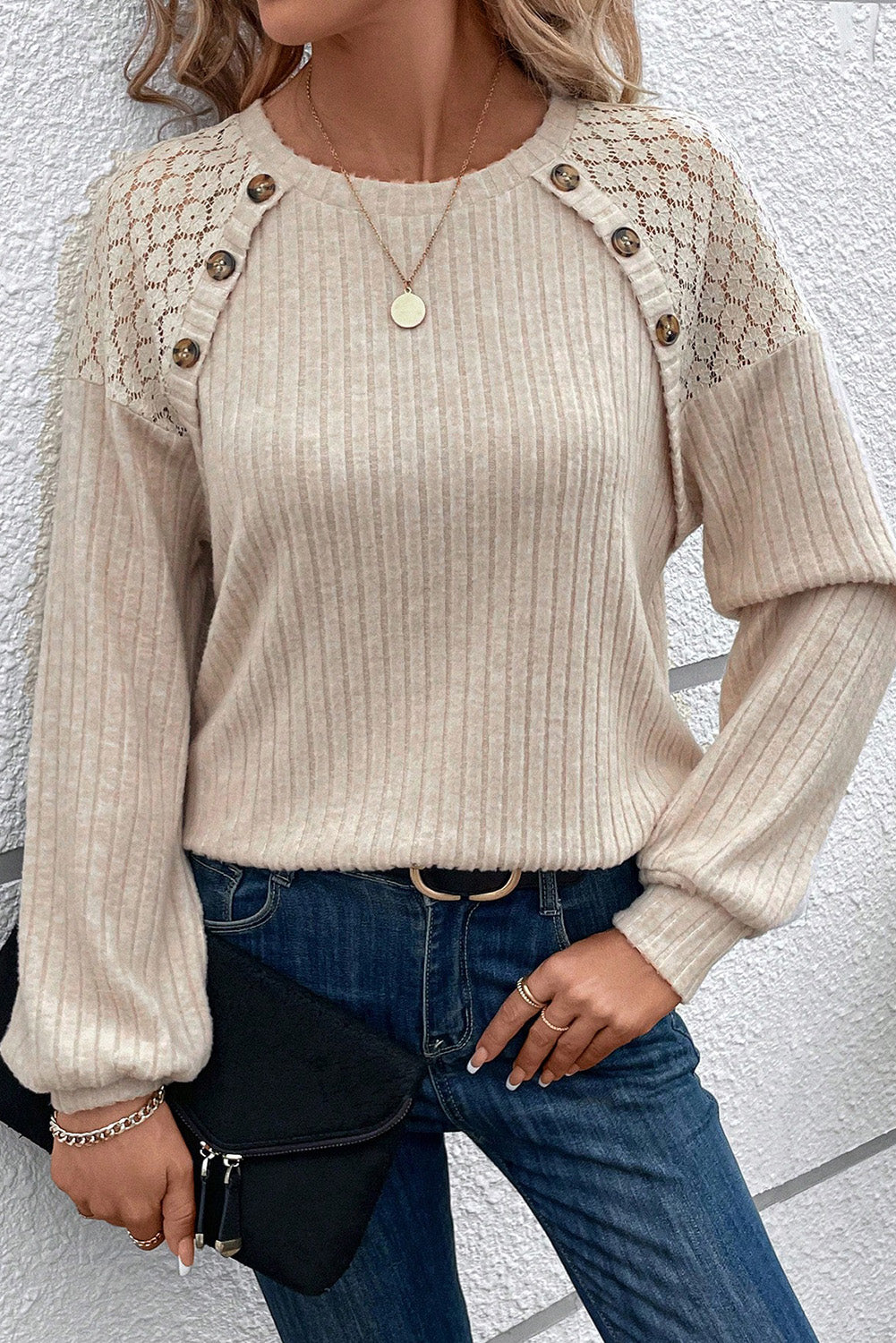Parchment Contrast Lace Raglan Sleeve Buttoned Ribbed Top-Chaelisa's New Jammies