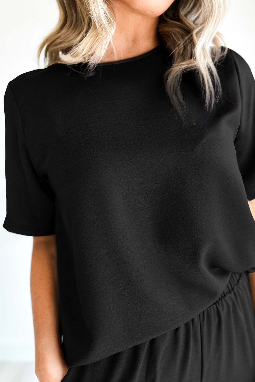 Black Solid Color T Shirt 2pcs Wide Leg Pants Set-Chaelisa's New Jammies