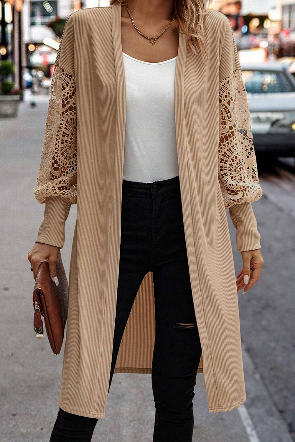 Parchment Lace Patchwork Ribbed Knit Open Front Duster Cardigan-Chaelisa's New Jammies