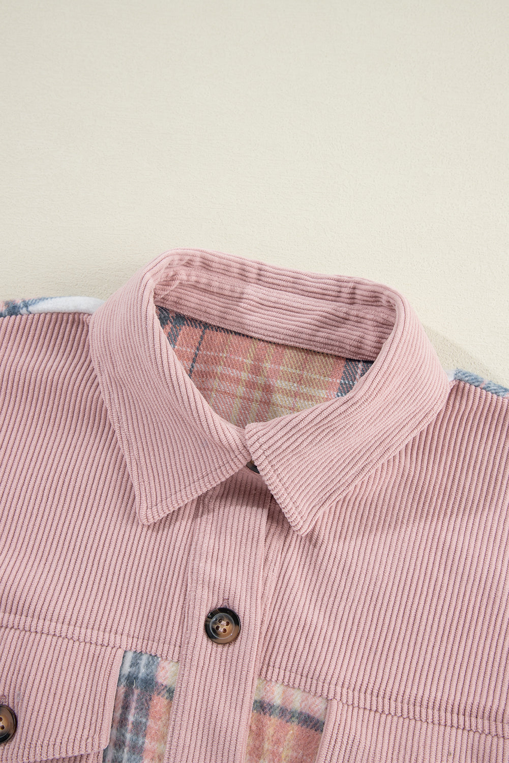 Light Pink Plaid Corduroy Patchwork Pocket Loose Shacket-Chaelisa's New Jammies