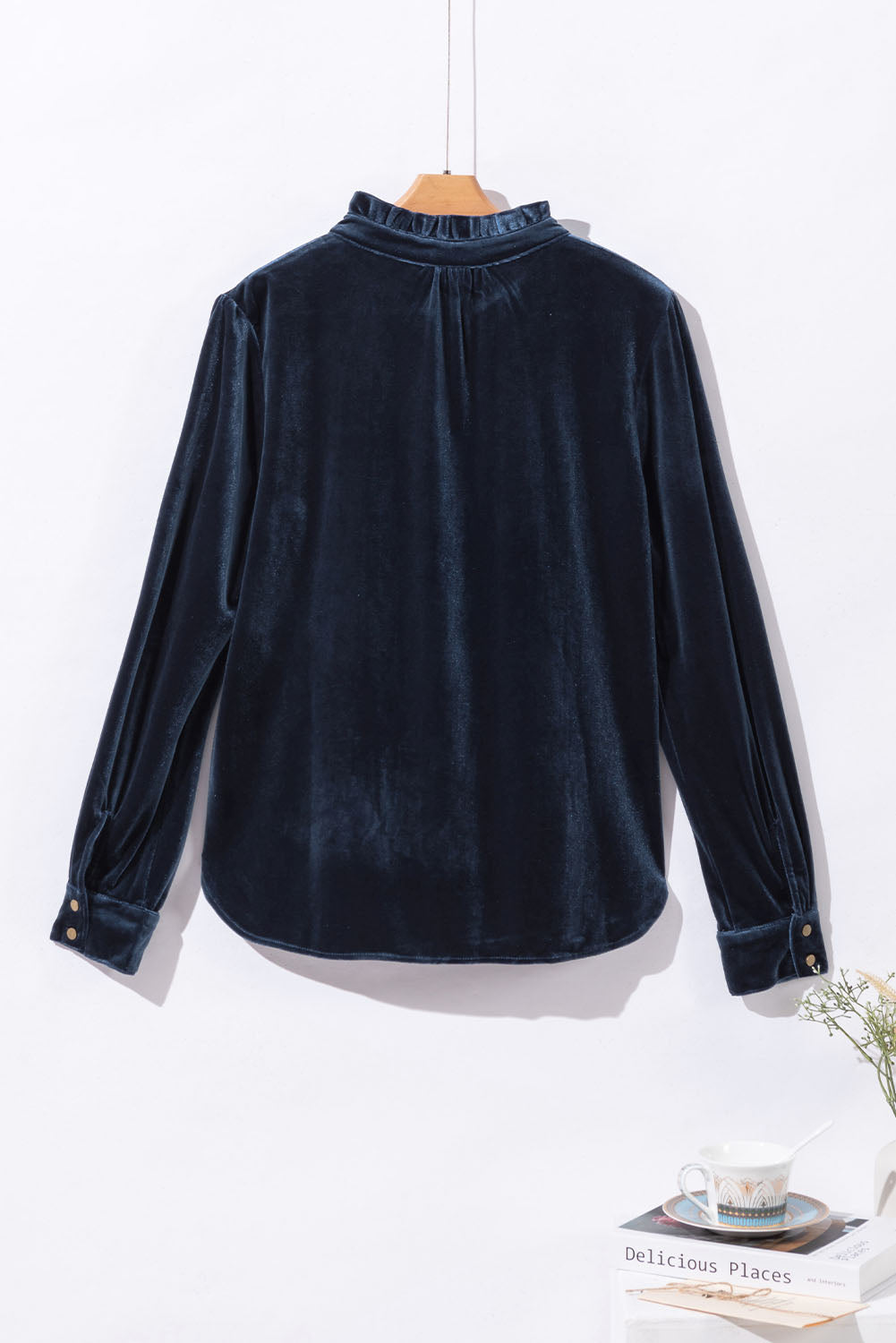 Navy Blue Frilled Buttoned V Neck Velvet Blouse-Chaelisa's New Jammies