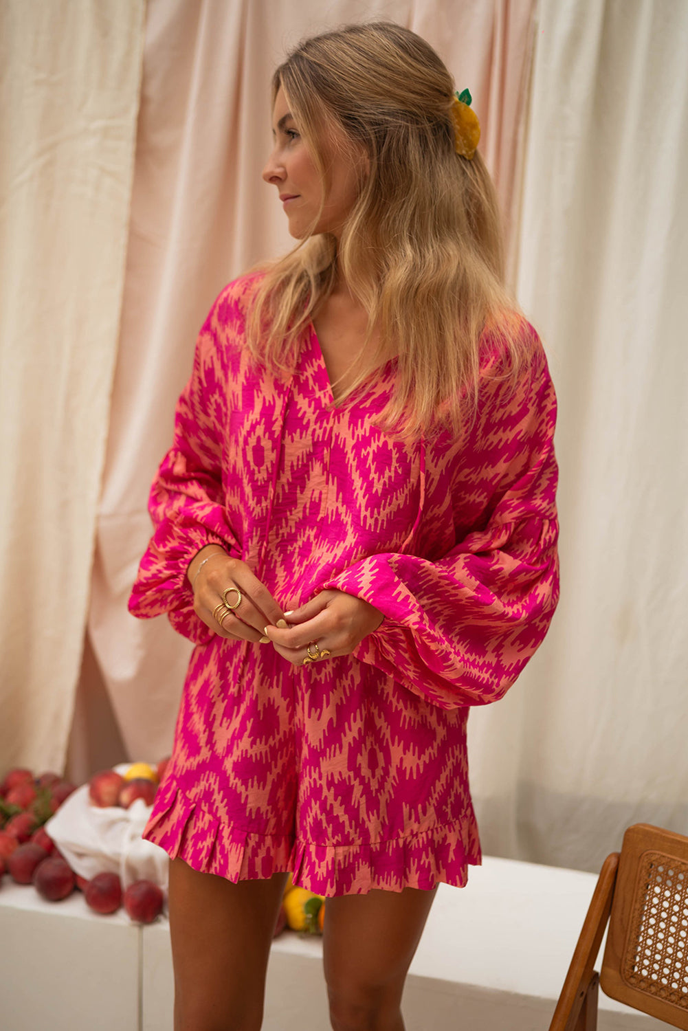 Rose Western Aztec Geometric Print Top and Ruffled Shorts Set-Chaelisa's New Jammies