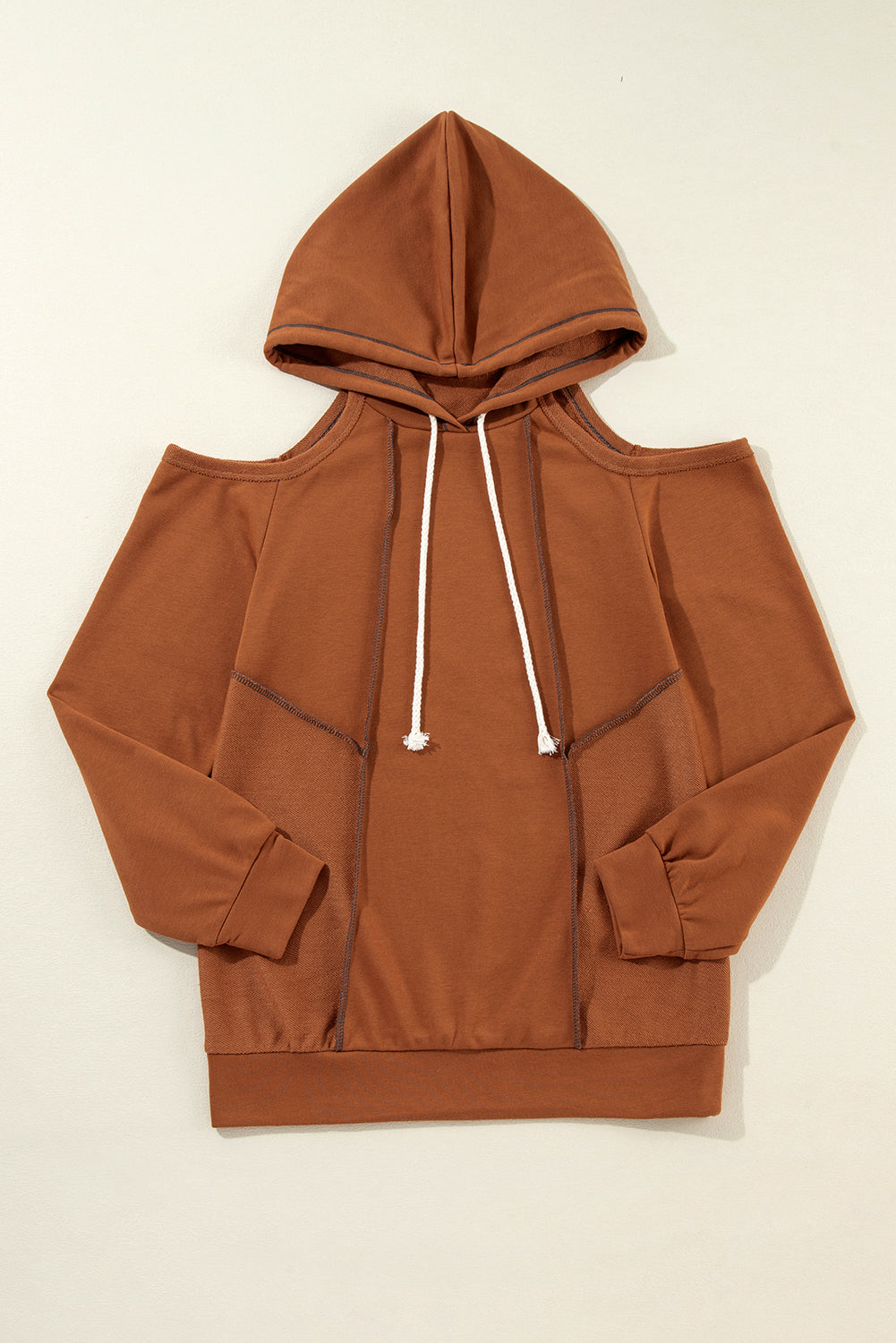 Cinnamon Exposed Seam Cold Shoulder Drawstring Hoodie-Chaelisa's New Jammies
