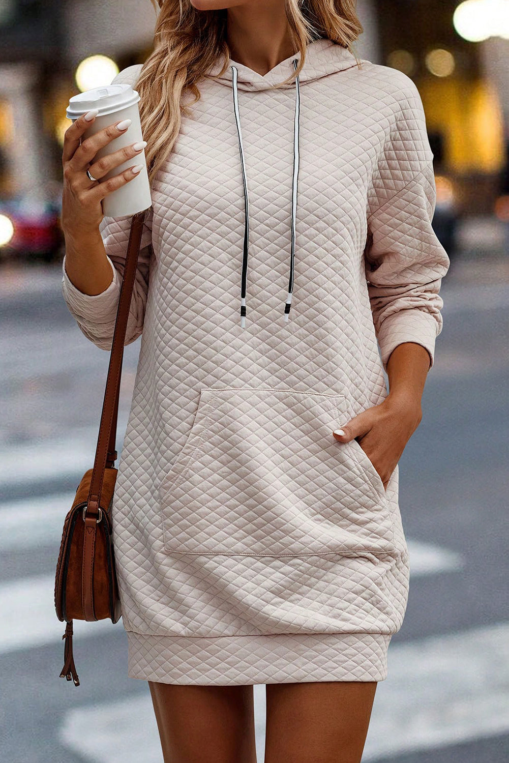 Parchment Drawstring Kangaroo Pocket Quilted Hooded Dress-Chaelisa's New Jammies