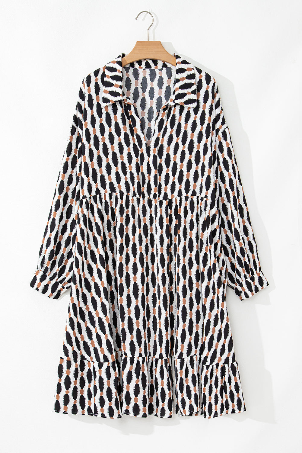 Apricot Abstract Print Collared V Neck Plus Size Mini Dress-Chaelisa's New Jammies