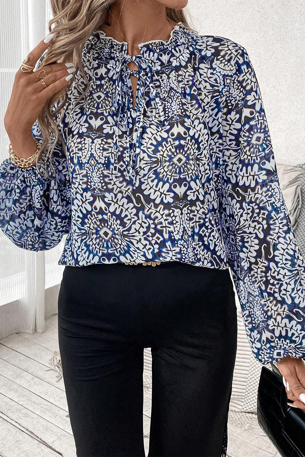 Blue Tribal Print Lace-up Frilled Neck Puff Sleeve Blouse-Chaelisa's New Jammies